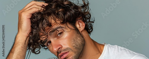 Man with curly hair experiencing frizz, holding his hair with a frustrated expression photo