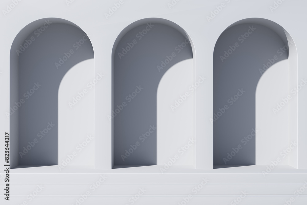Fototapeta premium Minimal abstract scene with stairway and arches. 3d background.