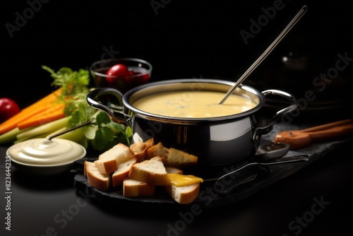Tempting fondue on a metal tray against a black slate background