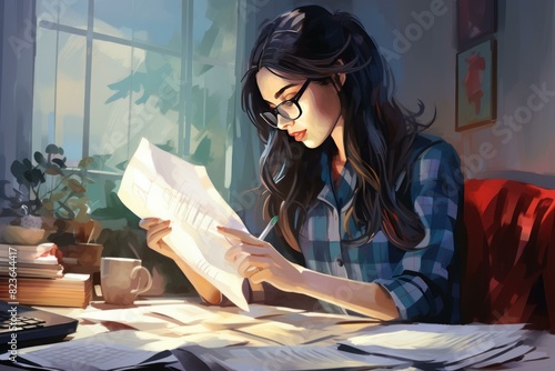 Tranquil and serene morning reading time in a cozy home with a young adult woman reading animated character books by the sunlit window. Absorbed in peaceful and concentrated reading activity photo