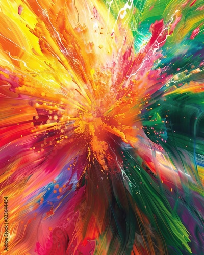 Abstract depiction of a wild festival, explosive, colorful, frenzied, unconventional, dynamic, pulsating in the energetic celebration concept, High resolution. photo