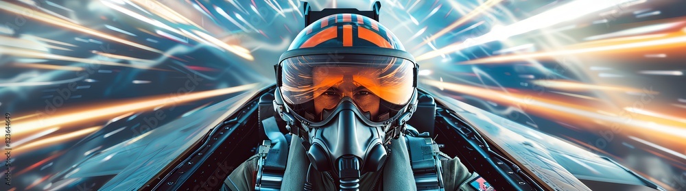 A pilot in the cockpit of an F20 fighter jet, wearing full face helmet ...