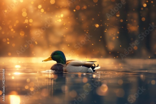 An elegant mallard duck swimming gracefully on the water, its green head and yellow beak contrasting with golden reflections in soft natural light. Horizontal. Space for copy. Close up. photo