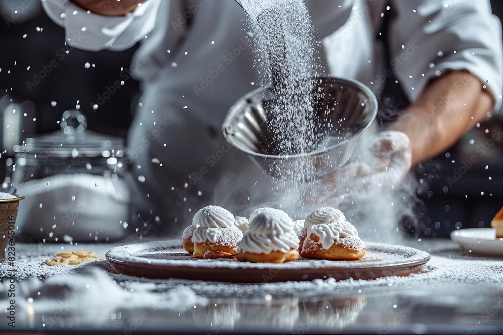 Side view of a chef sifting powdered sugar over a dessert Side view of a chef sifting powdered sugar over a dessert