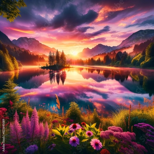 幻想的な夕暮れの湖畔風景