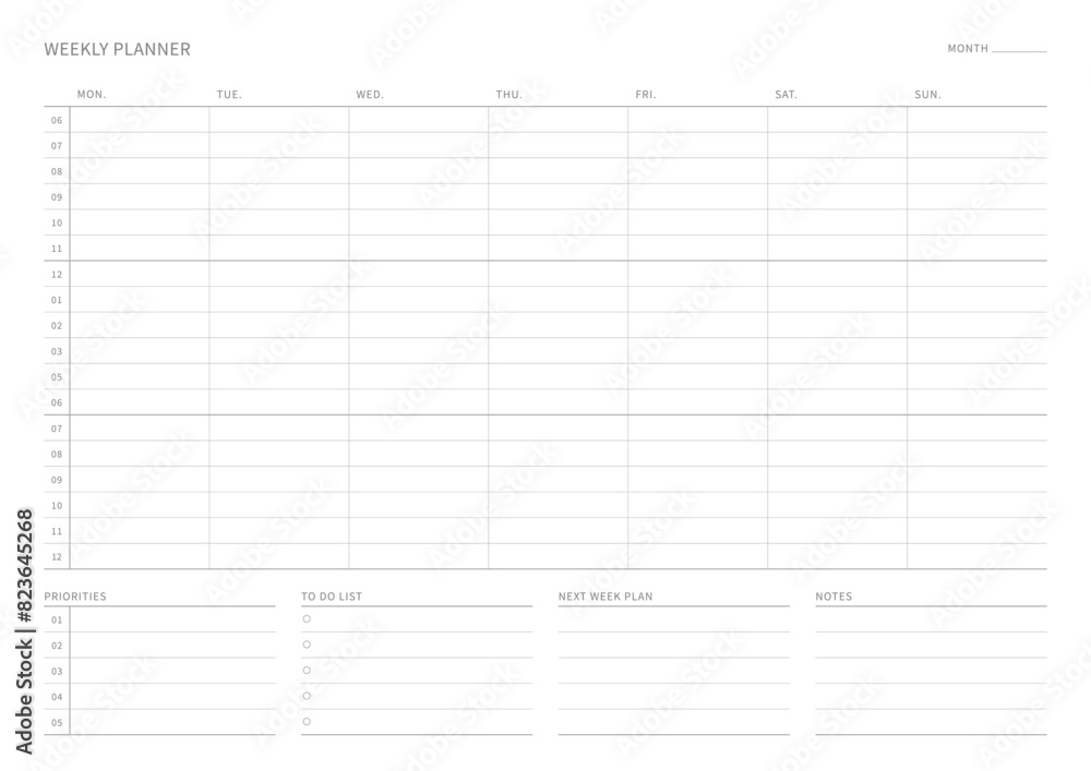 A weekly plan design template in a modern, simple, and minimalist style. Note, scheduler, diary, calendar, planner document template illustration. A weekly plan design template in a modern, simple, and minimalist style. Note, scheduler, diary, calendar, planner document template illustration.