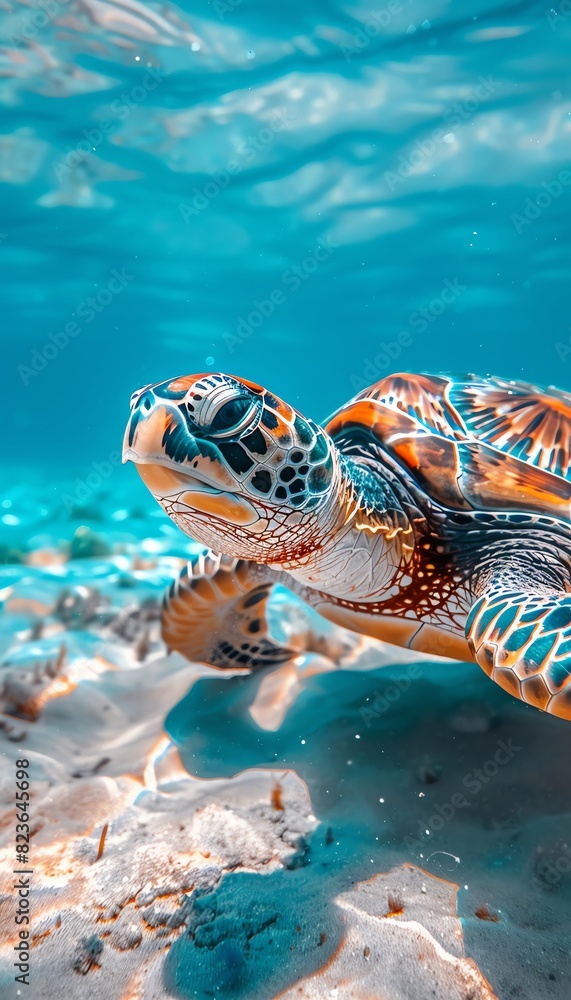 Fototapeta premium A beautiful sea turtle glides gracefully through the crystal-clear water, its vibrant colors shimmering in the sunlight.