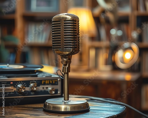 Antique brass microphone surrounded by vintage vinyl records and a classic gramophone photo