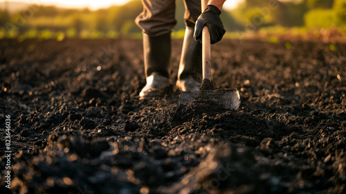 Um agricultor espalha biochar, uma forma de carvão utilizado para aumentar o armazenamento de carbono no solo, num campo. A luz solar do final da tarde destaca a textura do biochar contra o solo photo