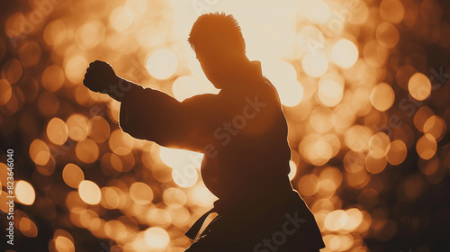 Uma imagem em close de um artista marcial em uma pose dinâmica, executando um kata ou forma, sua silhueta contrastando com o sutil efeito bokeh das luzes do dojo photo