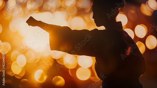 Uma imagem em close de um artista marcial em uma pose dinâmica, executando um kata ou forma, sua silhueta contrastando com o sutil efeito bokeh das luzes do dojo photo