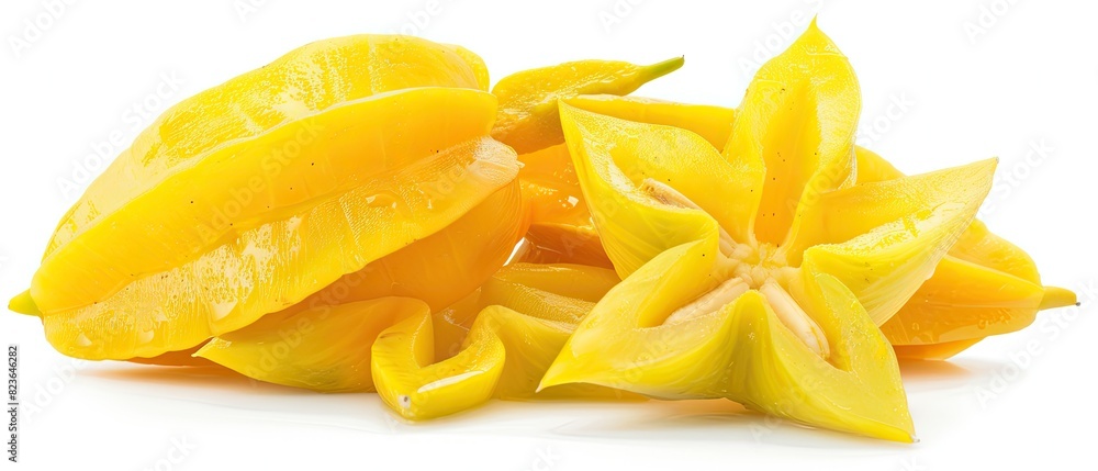 Whole and sliced starfruit, the unique shape and vibrant yellow color on a white background Whole and sliced starfruit, the unique shape and vibrant yellow color on a white background