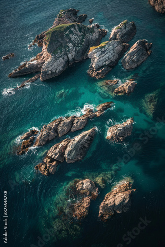 Aerial view of rocky outcrops jutting out of the ocean  emphasizing the stark contrast between the solid rocks and the fluid water. Focus on the natural lines and shapes for a minimalist composition. 