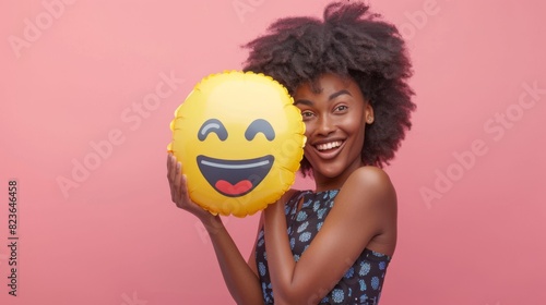 A Woman Holding Emoji Balloon photo