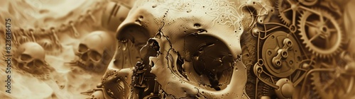 A sepia photo of an intricate steampunk skull, highly detailed and in focus, high resolution, in the style of fantasy art, hyper realistic, hyper detailed, oil painting, golden ratio photo