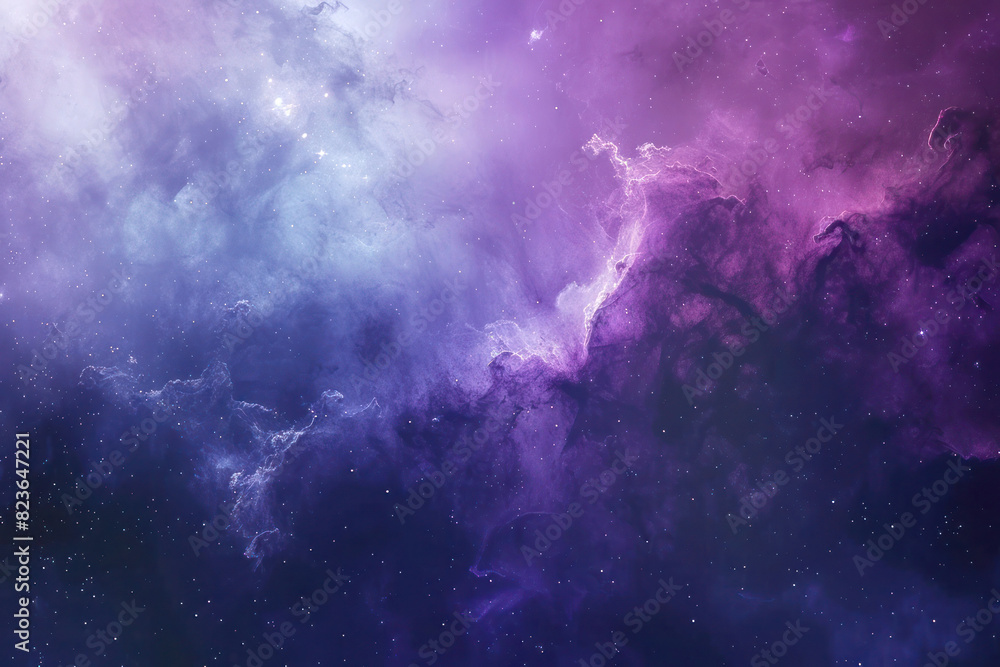 An abstract cosmic scene with deep purples and blues, dotted with stars and nebula-like formations, offering a spacious celestial field for text.