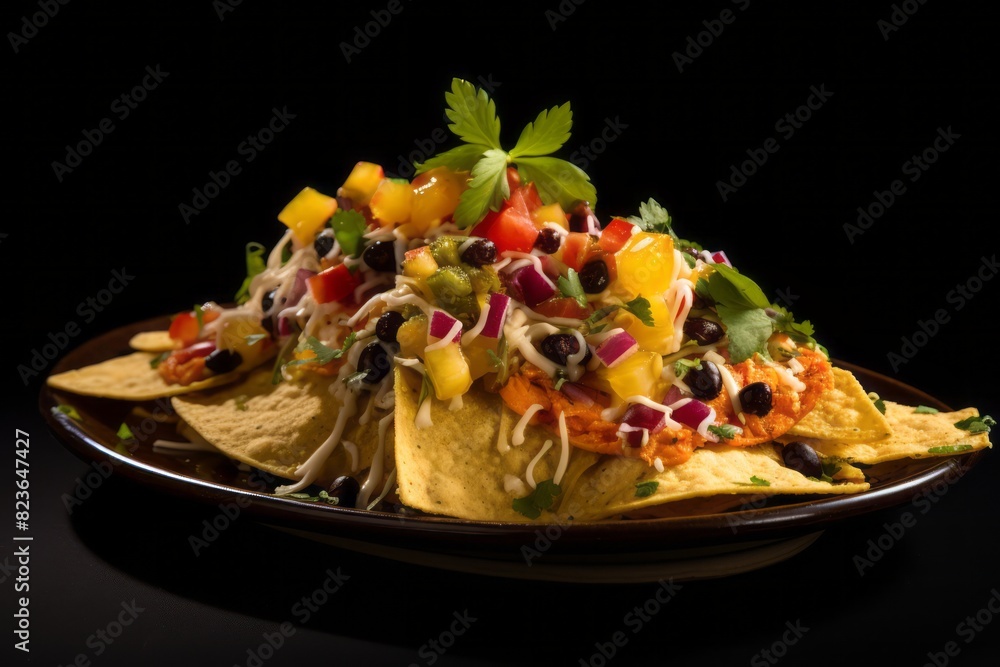 Delicious nachos on a palm leaf plate against a black slate background Delicious nachos on a palm leaf plate against a black slate background