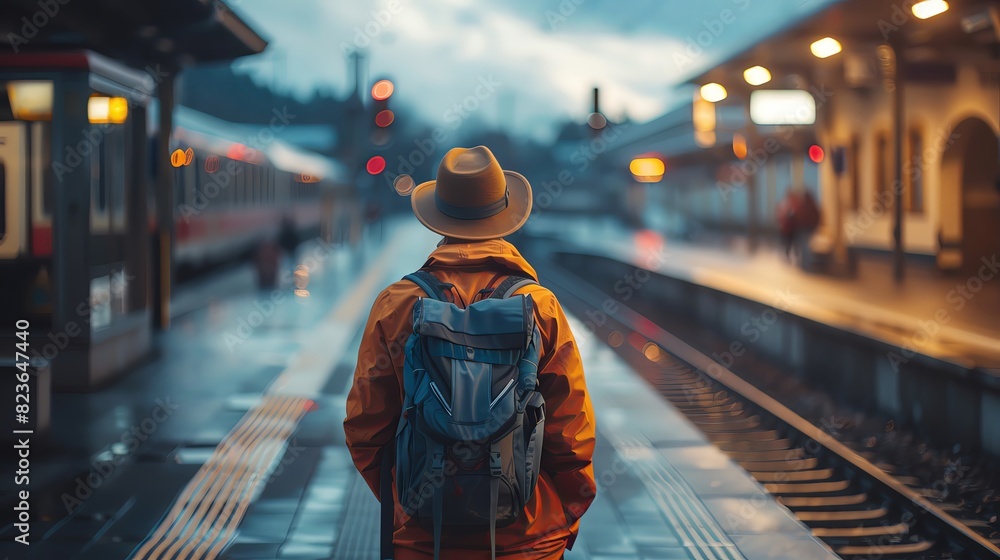 A traveler with a backpack and hat standing on the train station platform, waiting for his next adventure in a documentary photography style with soft lighting, shot from behind with a wide-angle lens A traveler with a backpack and hat standing on the train station platform, waiting for his next adventure in a documentary photography style with soft lighting, shot from behind with a wide-angle lens