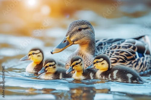 Mother duck and her ducklings in the water, with a soft blurred background. Horizontal. Space for copy. Close up.