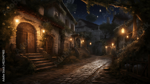 Charming, moonlit medieval village street with warm lighting, cobblestone path, and rustic buildings creating a serene nighttime atmosphere.