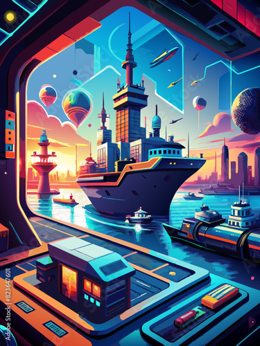 Futuristic Port Cityscape with Vibrant Sunset and Hovering Vehicles. Vector illustration for World maritime day