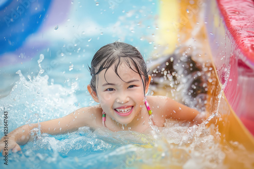 joyful little girl sliding down a colorful water slide in summer