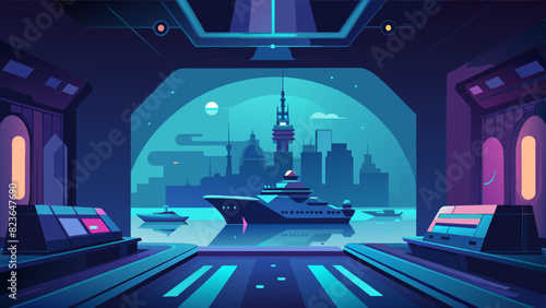 Futuristic Cityscape View from a Spaceport Terminal. Vector illustration for World maritime day