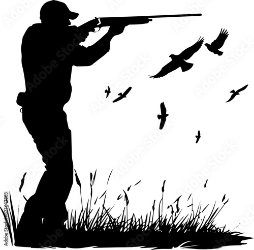 hunter shoots his gun, silhouette on white background. AI generated illustration.