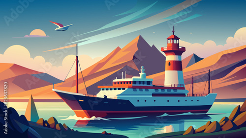 Serene Coastal Scene with Lighthouse, Yacht, and Mountains at Sunset. Vector illustration for World maritime day