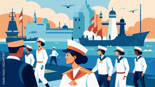 Nautical Ambience: Sailors, Ships, and Seafront. Vector illustration for World maritime day