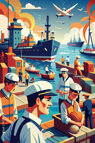 Nautical Harbor Scene with Sailors and Shipping Activities. Vector illustration for World maritime day