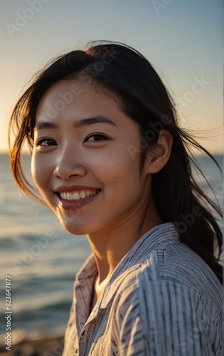 海辺で微笑む女性のサマーショット