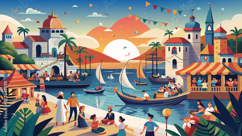 Vibrant Summer Festival by the Sea with Cultural Activities. Vector illustration for World maritime day