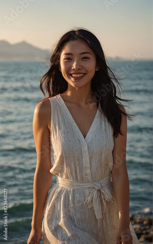 海辺で微笑む女性のサマーショット