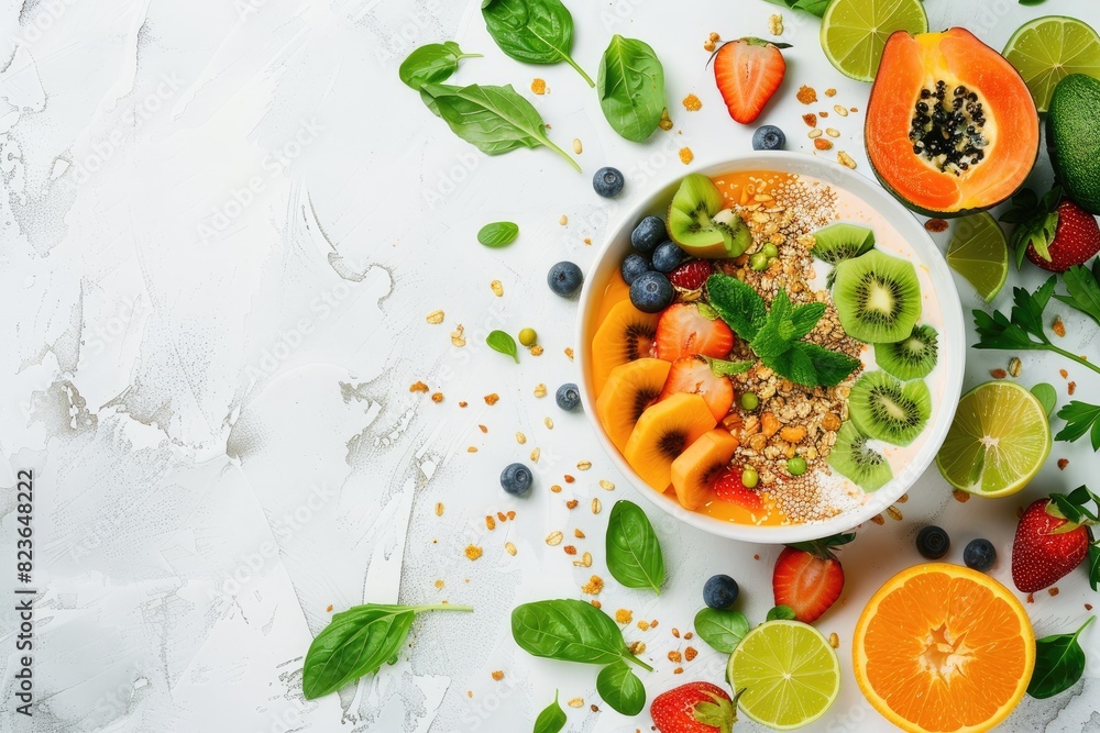 Colorful smoothie bowl with tropical fruits and granola on a white background Colorful smoothie bowl with tropical fruits and granola on a white background