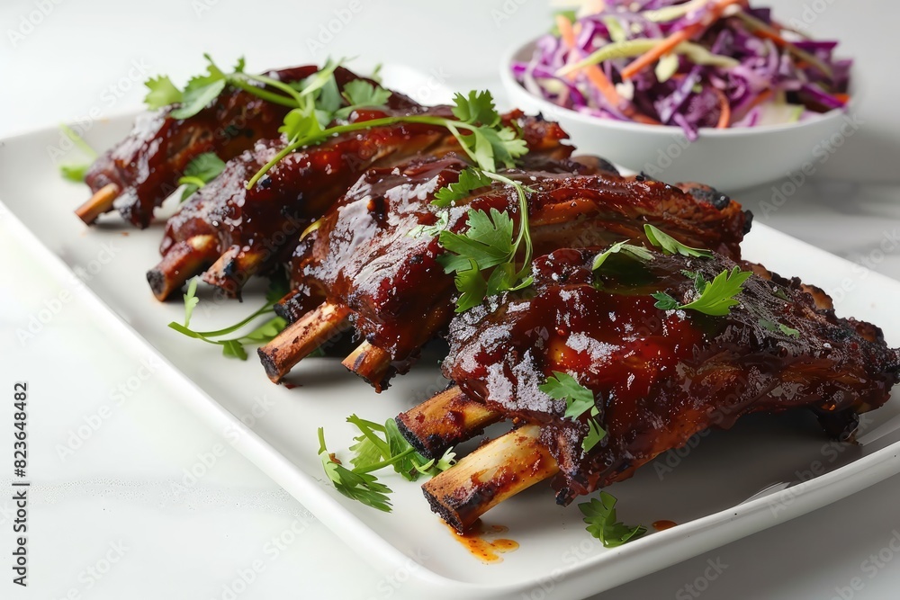 Plate of tender BBQ ribs with coleslaw on a white background