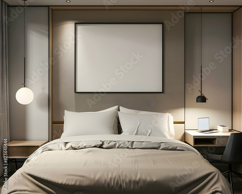 Wallpaper Mural Modern hotel bedroom interior with bed, lamp and poster frame Torontodigital.ca