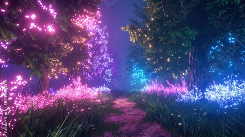 Neon-lit forest with glowing trees and plants, copy space in the center © AI Farm