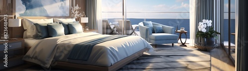 Detailed rendering of a luxurious suite on a cruise ship, with a private balcony overlooking the ocean, a kingsized bed, and modern decor photo