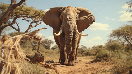 Documentary footage of a large elephant stripping bark from a tree, showcasing its feeding habits and interaction with its habitat