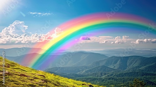 A vibrant rainbow stretching across a clear sky after a summer rain.