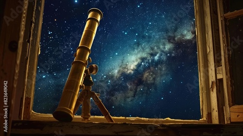 A vintage brass telescope pointing out of a dusty attic window towards a starry night sky. photo