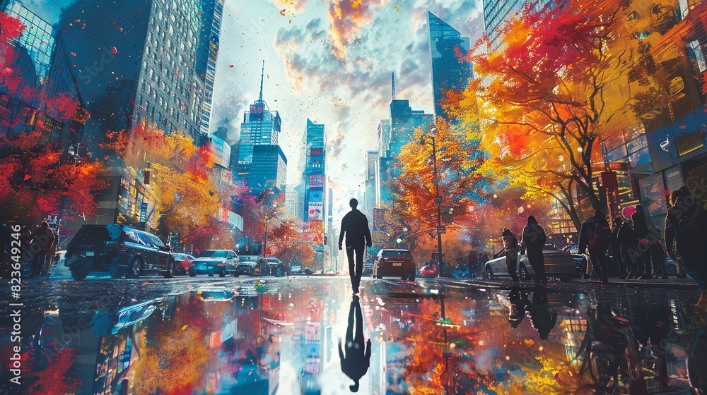 A man walks down a city street in the rain