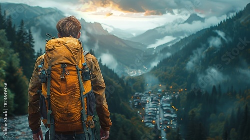 A man wearing a yellow backpack is standing on a mountain top photo