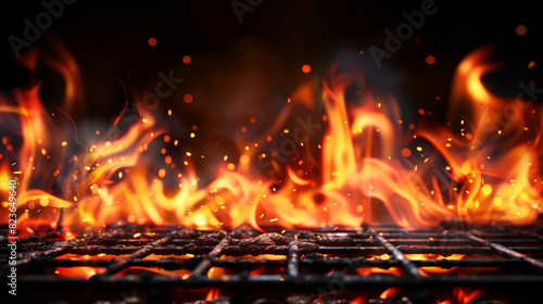 Flames rising from a grill with a dark background photo
