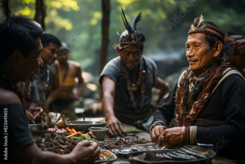 Group of indigenous people in traditional attire engaging in cultural activity and preparing food in outdoor forest setting