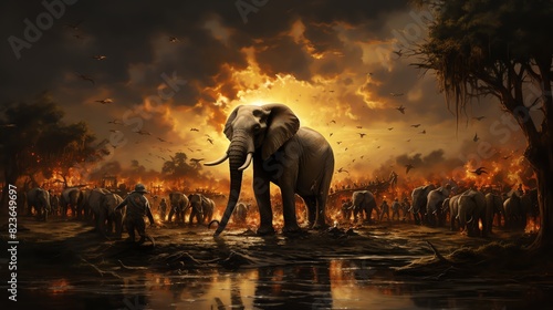 Scene capturing a large elephant playfully splashing in a watering hole  with other wildlife cautiously watching from the sidelines