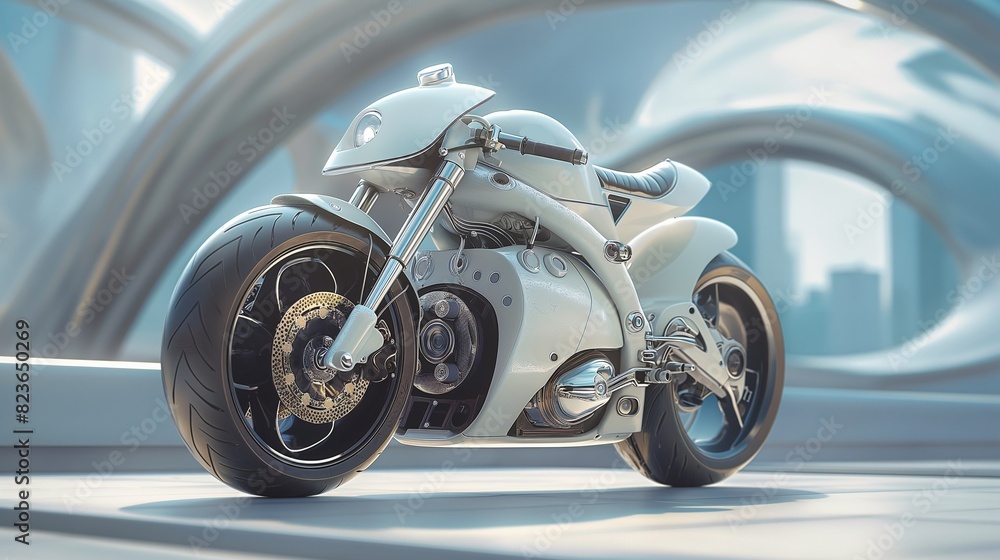 A futuristic, sleek motorcycle parked on a road. A futuristic, sleek motorcycle parked on a road.