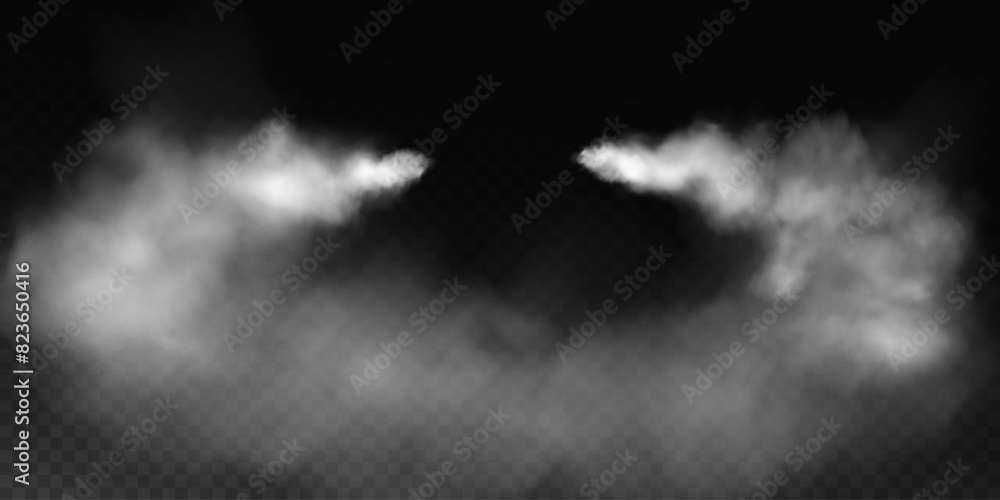 Fog or smoke, white smog clouds on floor, isolated transparent special effect. Vector illustration, morning fog over land or water surface, magic haze.	
