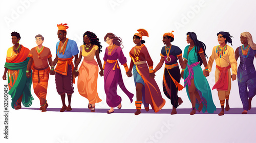 Diverse Vector Group Walking in Harmony - Unity in Traditional Attires